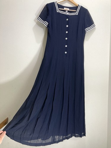 Talbots Women’s Dress Maxi Pleated Size 4 Navy Blue Nautical Short Sleeve VTG - Picture 13 of 24