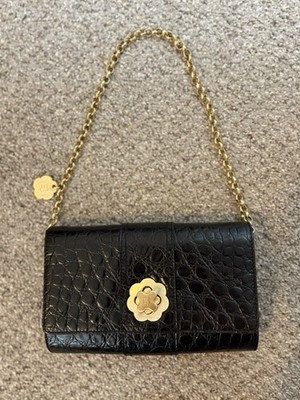  ERIC JAVITZ BLACK CROCODILE LEATHER TOP HANDLE CLUTCH BAG WITH GOLD STRAP 