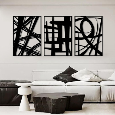 3Pcs Abstract Black Metal Wall Art, 3D Textured Metal Wall Decor, Modern Hollow 
