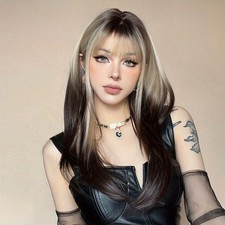 Ombre Brown Blonde Long Layered Wig Synthetic Hair Wig Daily Fashion Hairpiece