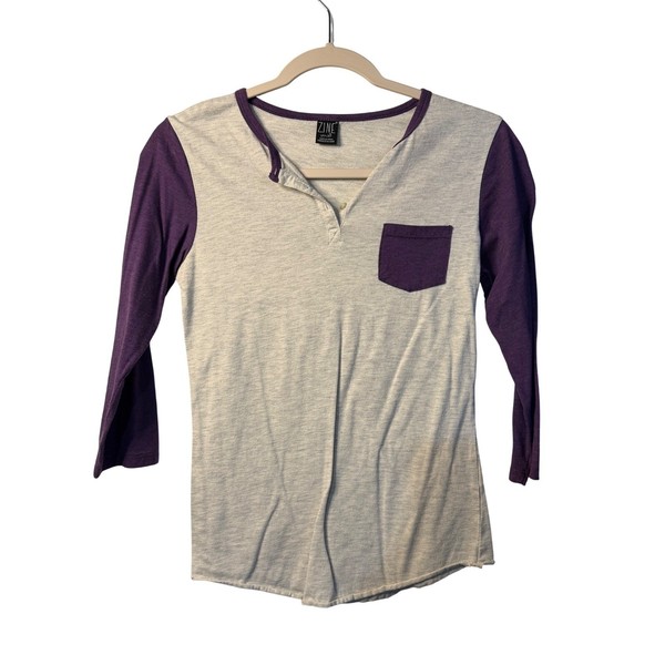 Zine Henley Shirt Grey Purple Baseball Raglan 3/4 Sleeve Pocket Tee Womens Small