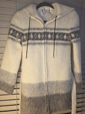 Alafoss Icewool Hooded Belted Nordic Geometric Ivory Gray Women's XS
