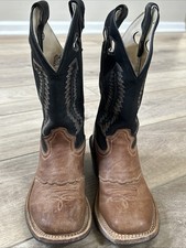 Old West Youth Broad Square Toe Western Cowboy Leather Boots Black Brown Sz 13