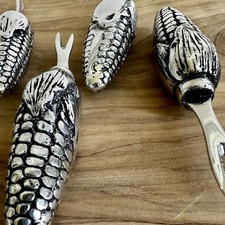 Vintage Set of 6 Figural Corn on the Cob Holders - Silver Tone Metal Summer BBQ