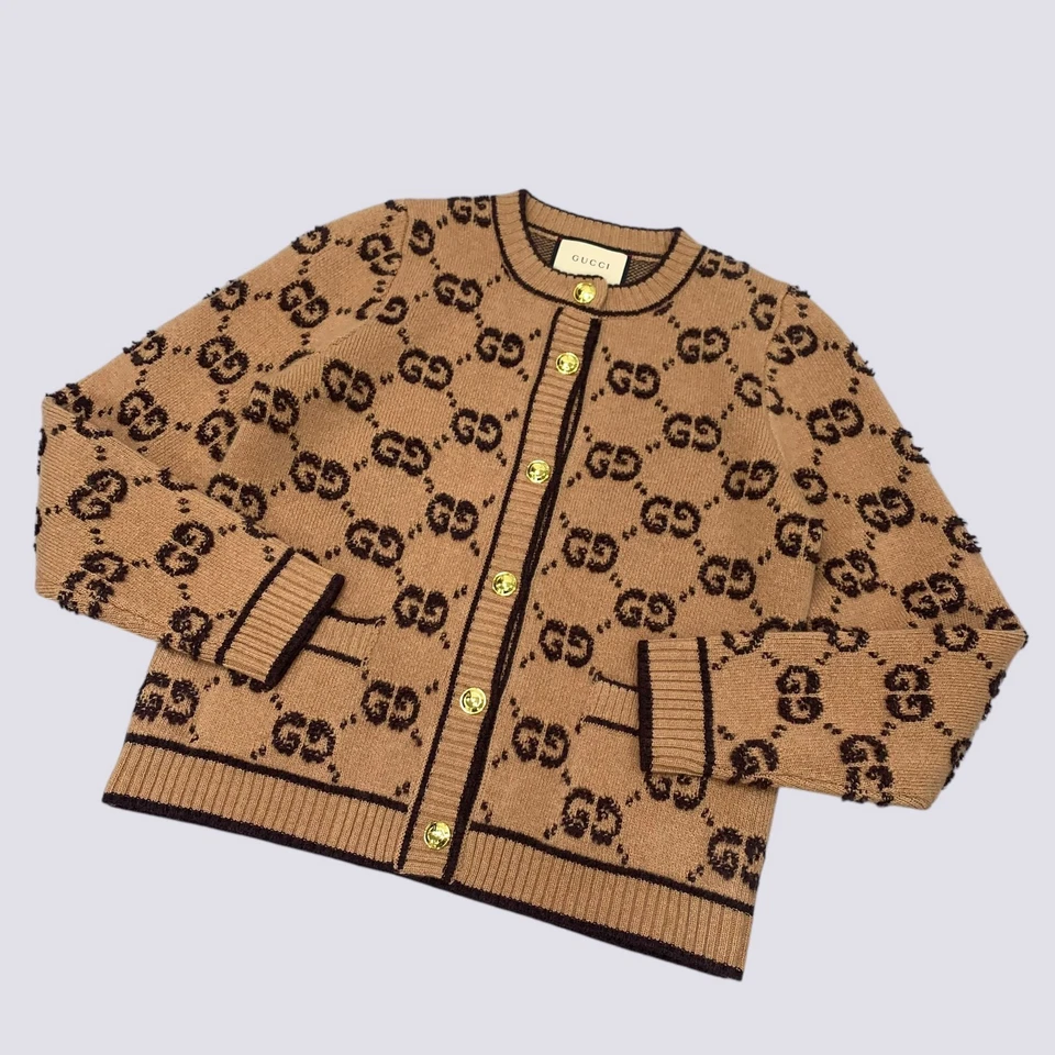 Suéter cardigã Gucci GG monograma lã encaracolado jacquard marrom tamanho G - Imagem 3 de 4