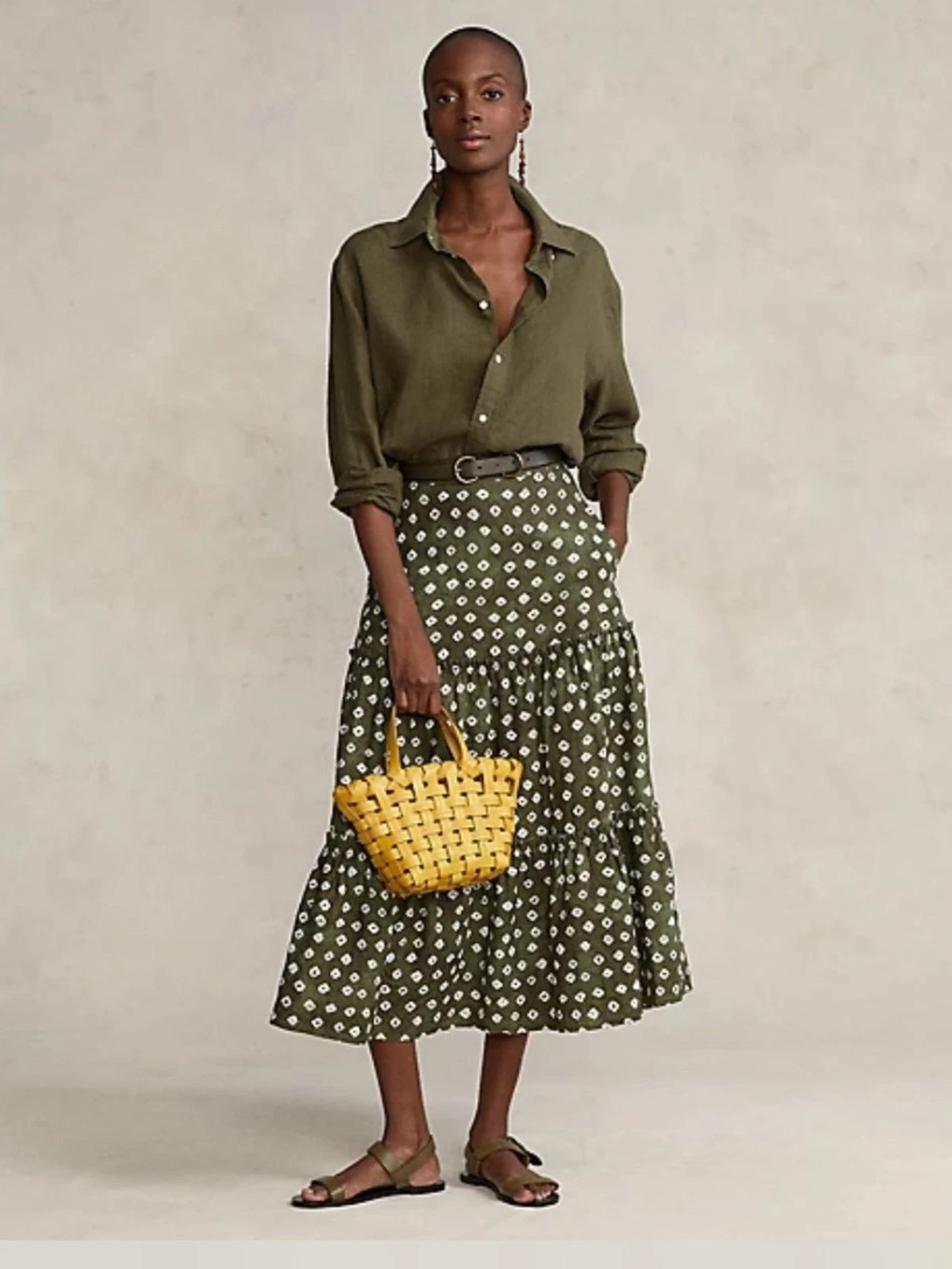 Polo Ralph Lauren Block-Print Tiered Linen Midi Skirt Quiet Luxury NEW