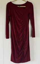 Ann Taylor Burgundy Sheath Dress Ruched Asymmetrical Neck Long Sleeve XS Knit