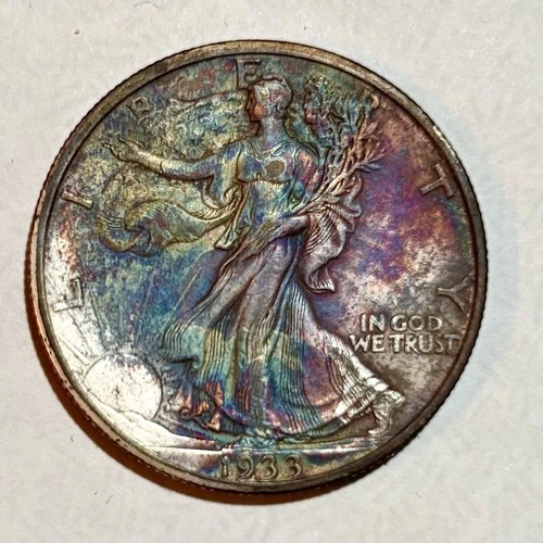 1933 S Walking Liberty Half Dollar - Unc Details - Nice Rainbow Toning