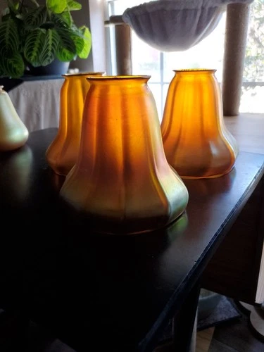 Quezel Steuben Fostoria 3-Antique Art Nouveau Floriform Blown Glass Lamp Shades