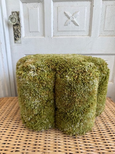 Vintage 60's Tin Can Foot Stool Ottoman Green Shag Carpet Flower Shape Groovy