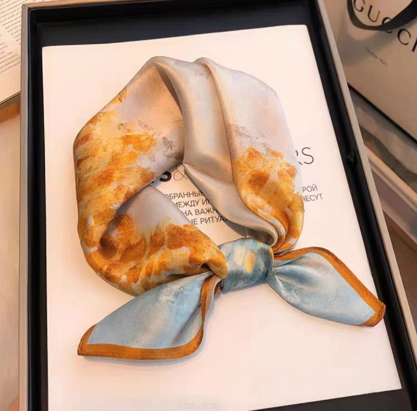 100% Mulberry Silk Bandanna Shawl Yellow Leaf Print 21 Inch Scarf Wrap