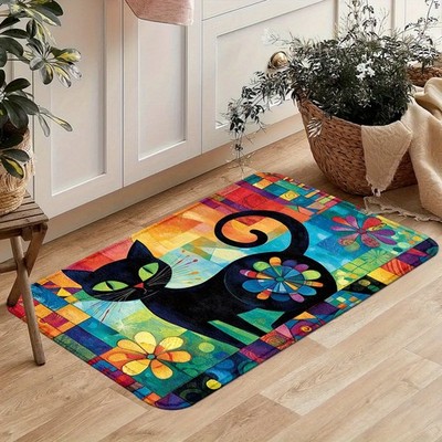 Abstract Black Cat Colorful Geometric Pattern Kitchen Mat Set, Polyester Machi