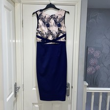 Little Mistress Navy Blue Pink Lace Floral Party Evening Pencil Midi Dress UK 10