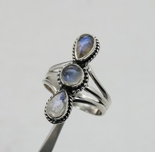 925 Solid Sterling Silver White Rainbow Moonstone Ring - 9 US