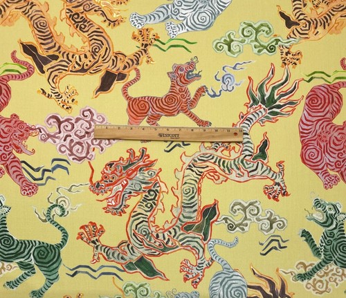 HAMILTON HIMALAYA JONQUIL YELLOW ASIAN TIGERS DRAGONS FABRIC BY THE YARD 54"W - Picture 3 of 8