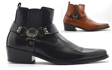 Mens Cowboy Western Boots Ankle Slip On Cuban Heel Harness Riding Biker Shoes Uk