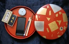 Vg Japanese Lacquer Calligraphy Case Makie Box Brush Stone NOS Gold Silver Foil