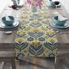 Yellow and Blue Nordic Floral Table Runner, Scandinavian Home Decor 