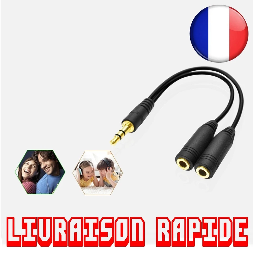 3.5mm Stéréo Audio Mâle à 2 Femelle Micro Casque Y Splitter Câble Adaptateur - Photo 1/1