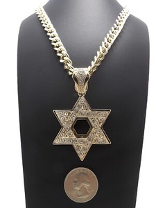 Authentic Hip Hop Full Iced Star of David Pendant 9mm 20" Cuban Link Chain Gold Plated*