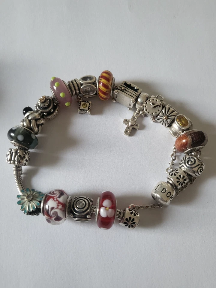 Pandora   Armband +19 Gold/Silber Charms Hänger Bicolor Sicherheitskettchen Rar