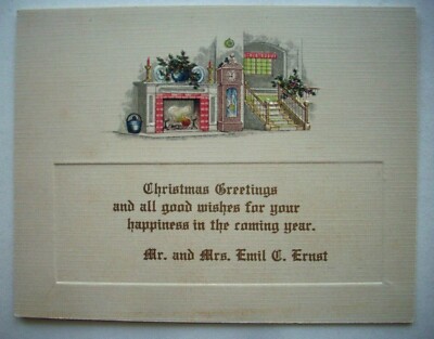 20's 30's Embossed stairs fireplace clock vintage Christmas greeting card * K4