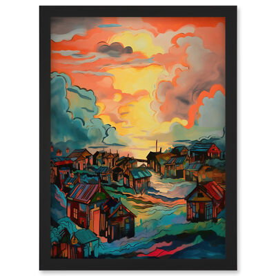 Atmospheric Dawn Clouds Over Mono Fishing Village Framed Art Picture Print A4