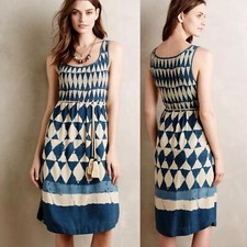 Maeve Anthropologie Blue Batik Castalia Dress Wm 2  Belted Lined Pockets