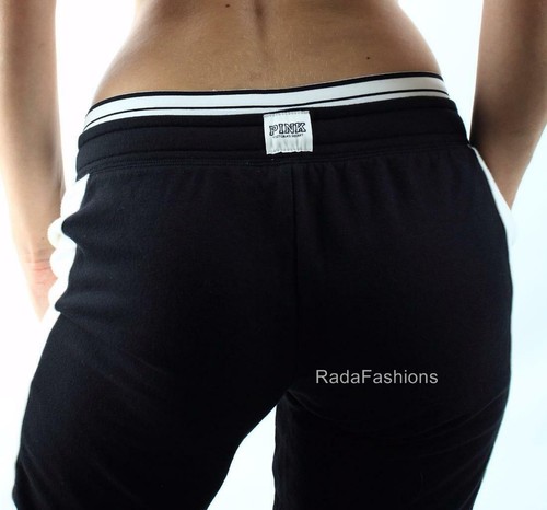 Victoria's Secret PINK Jogger Fleece Striped Logo Sweat Pants Lounge Black Ivory - Picture 4 of 4