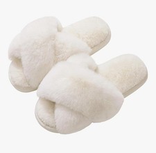 Women's Fuzzy Slippers Cross Band Memory Foam House Slippers Sz 10-11 White -NEW