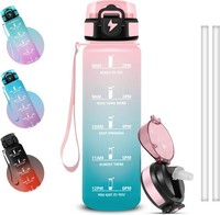 Wasserflasche 1L Mit Strohhalm, Trinkflasche Sport Mit Zeitmarkierung Und