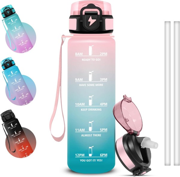 Wasserflasche 1L Mit Strohhalm, Trinkflasche Sport Mit Zeitmarkierung Und-image