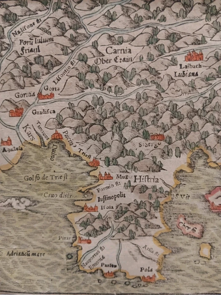 Hand Colored Woodcut Istria Peninsula Croatia Map 1550 By Sebastian Munster - Image 2 of 4