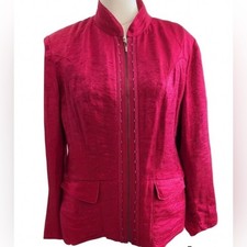 Chico's Size 2 Size L / 12  14 Neva Crimson Linen-Blend Zip-Up Blazer Jacket