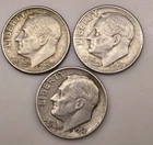 Three 1957 D ROOSEVELT DIMES 10C (#320) Denver, circulated, ungraded