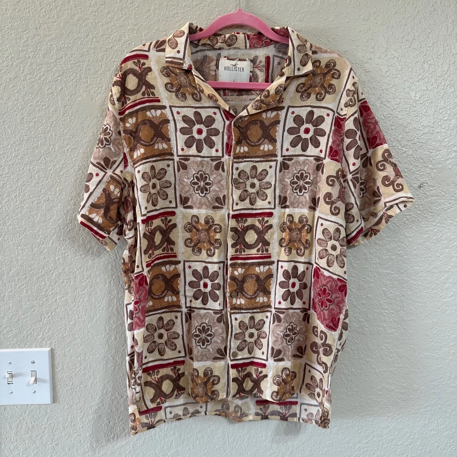 Hollister Cotton Linen Blend Shirt Mens L Geometric Boho Button-Down