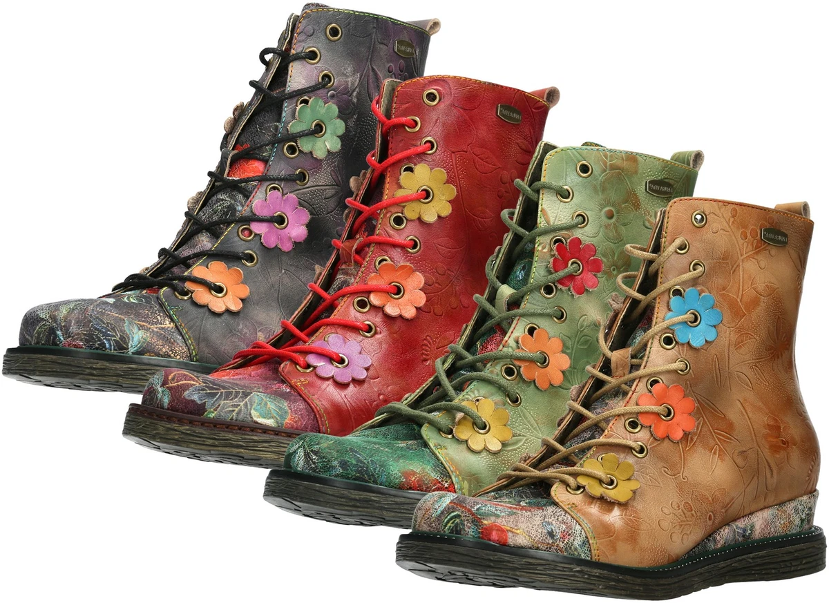 Bottines En Cuir à Lacets Style Gothique Victorien - Motif Floral, Talon 4,5 Cm - Modèle Ercnaulto 212 Laura Vita