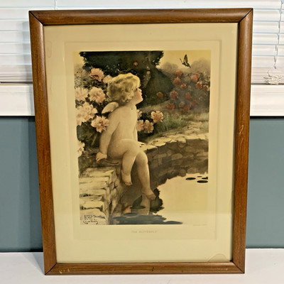 Bessie Pease Gutmann Cherub Butterfly Lithograph, Outer frame size 19.5'' x 15.5''