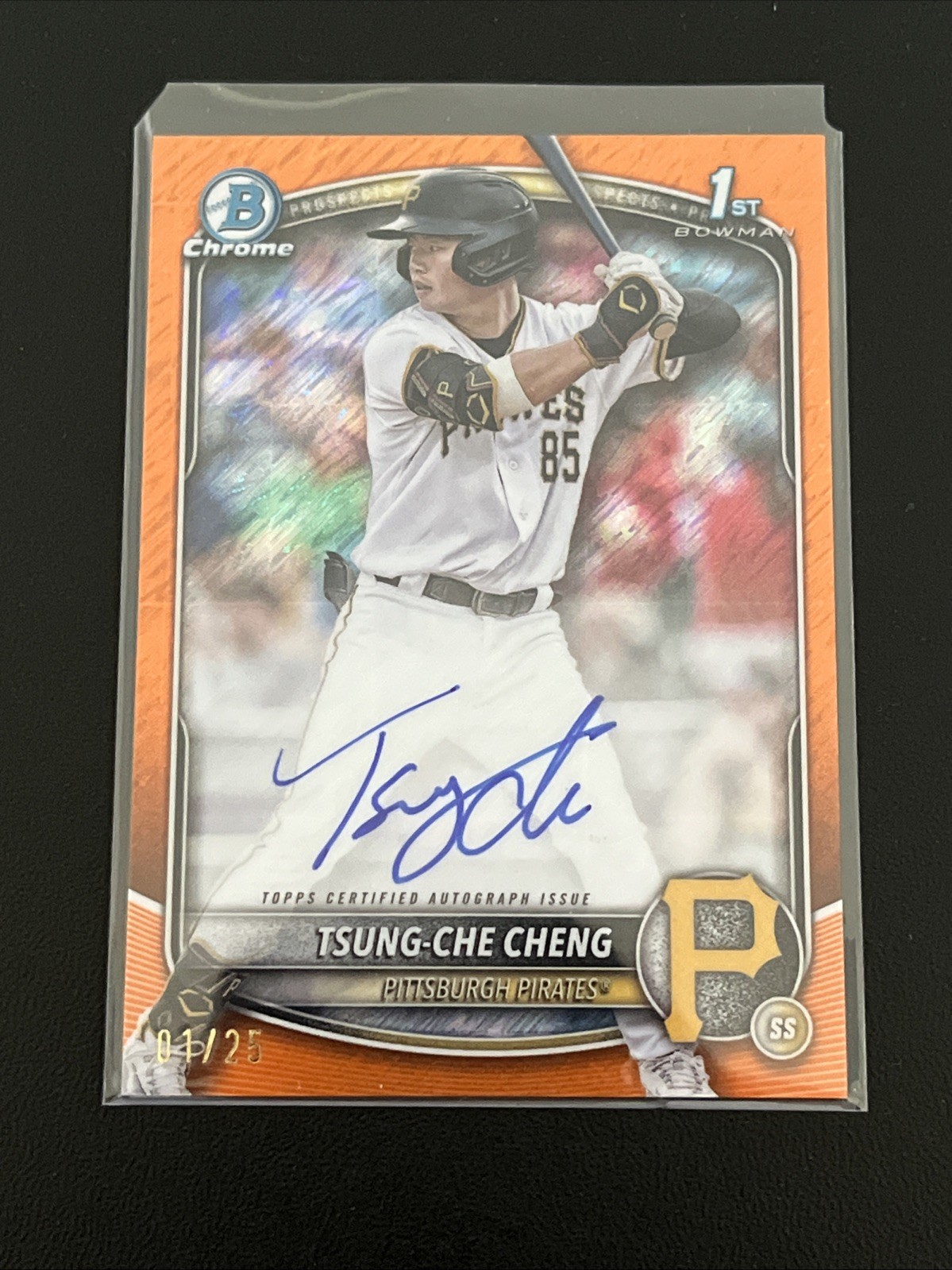 2025 Bowman Chrome Tsung-Che Cheng Orange Shimmer 1st Auto 1/25 Pirates