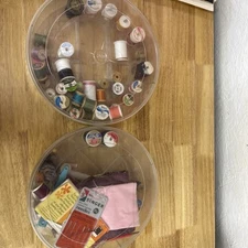 Two Vintage Clear Plastic MCM round sewing Thread Keeper caddy with supplies