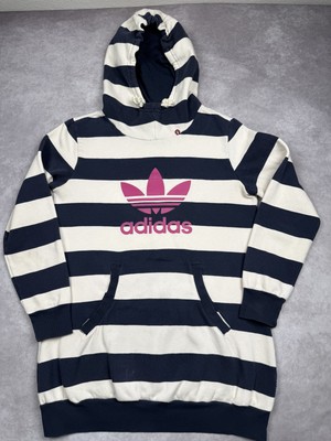 VTG Adidas Hoodie Womens Large Navy White Striped Trefoil Logo Sweatshirt