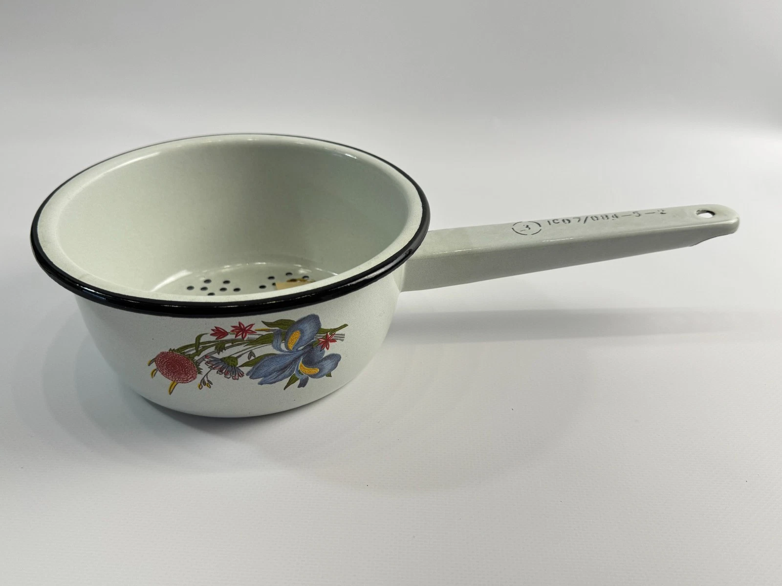 White Enamel Colander Pasta French Country Style Strainer Soviet Kitchenalia 60s