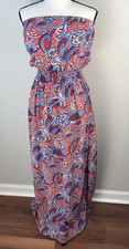 GAP Women's Strapless Maxi Dress Red Blue Floral Shells Boho Beach USA Size M