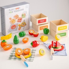 Robud Wooden Play Food for Toddlers, Fruit and Veggies Cutting Box Set for Kids