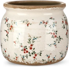 Vintage Planter Large Ceramic Plants Pot Beige Red Rustic Floral Ice Crack Cotta