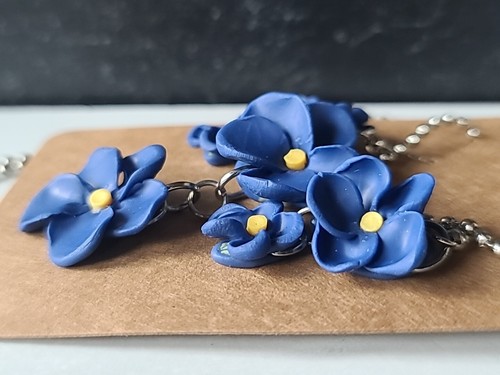 Blue Floral Polymer Clay Jewelry Set, NEW - Picture 4 of 10