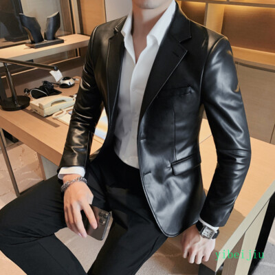 Men's Extra Slim Fit Leather Blazers Suit Jackets Business Coats