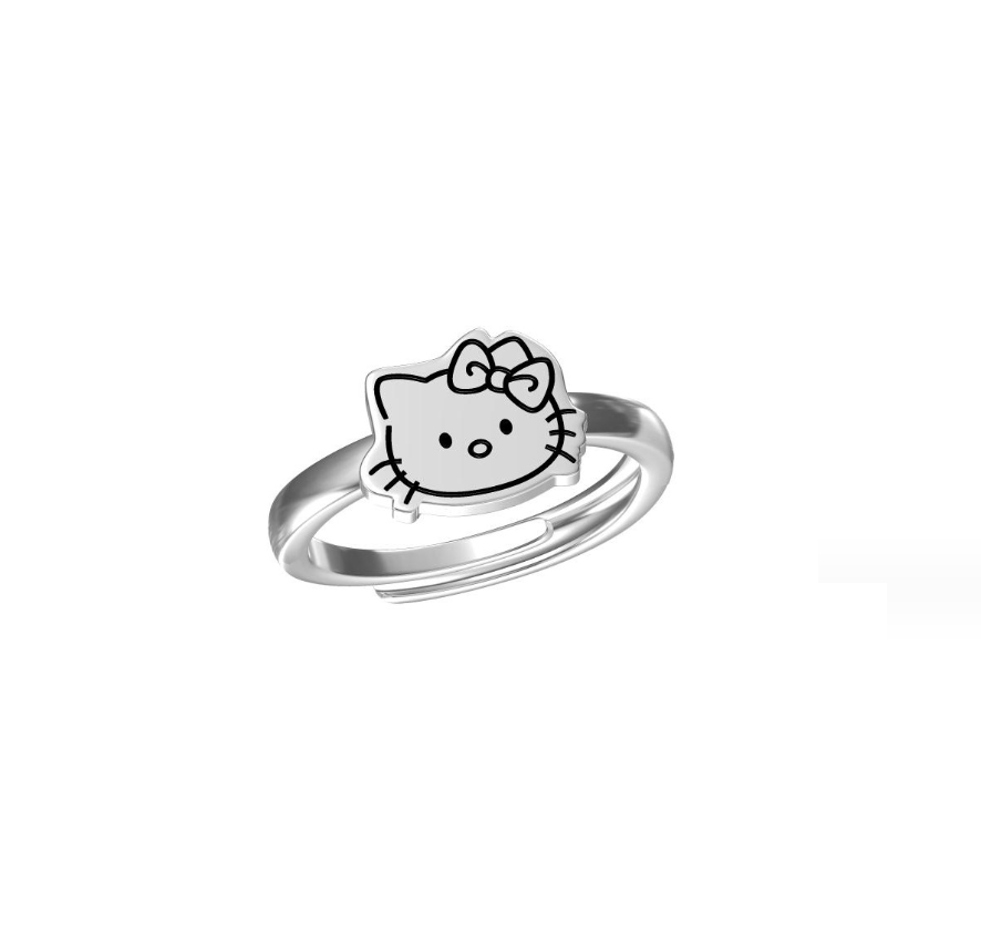 Hello Kitty Silver Plated Adjustable Ring With Pave CZ Stones, Cat Shape