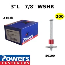 Powers Drive Pins 3" w/ 7/8 Washer  50100 Powder Actuated H/Dia .300  2/pack 200