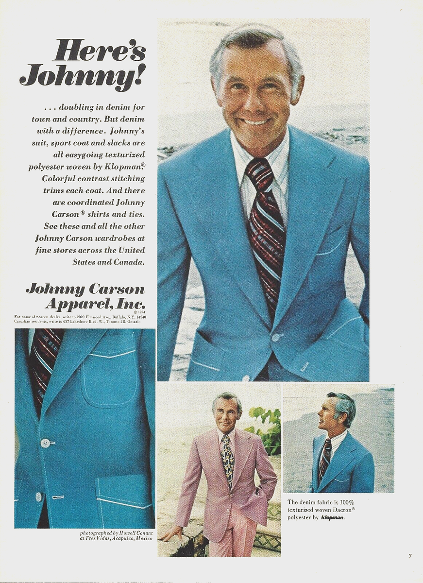 1974 Johnny Carson Apparel Mens Fashion Denim Suit vtg Print AD Advertisement